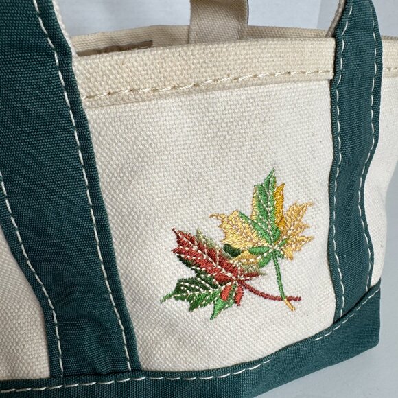 LL Bean Boat and Tote Mini Canvas Tote Bag Green Straps Leaf Embroidery 7C274 Co - Picture 2 of 11